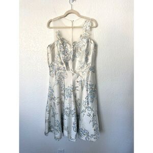 Teri Jon Rickie Freeman Gold Blue White Embroidered Floral Cocktail Dress Sz 18